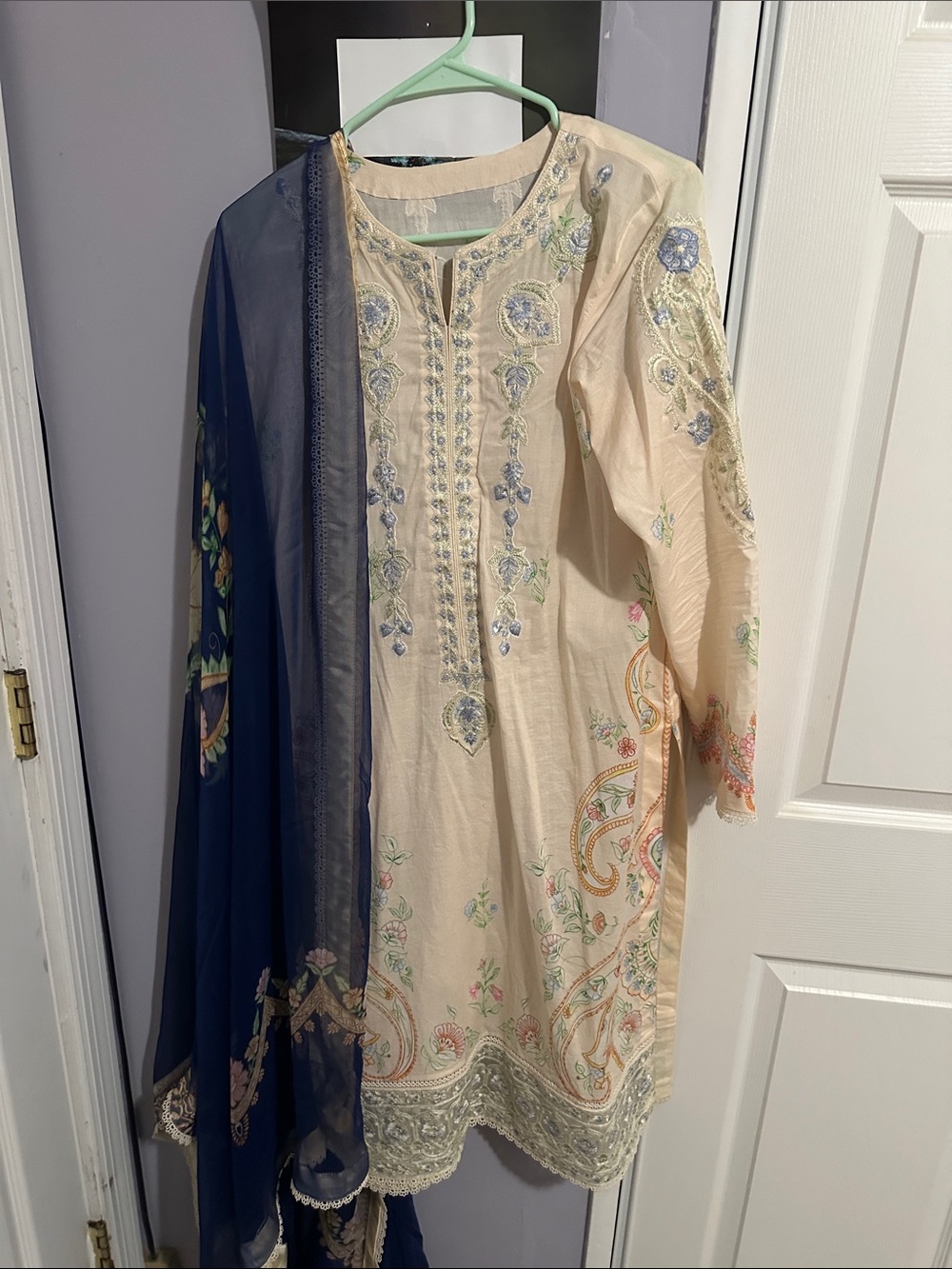 Lawn fabric embroidered three-piece chiffon duppata 42 length trouser 37
